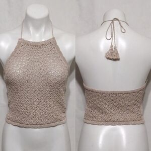Zara Sparkly Open Knit Crochet Halter Backless Crop Top Medium Party Chic Glam